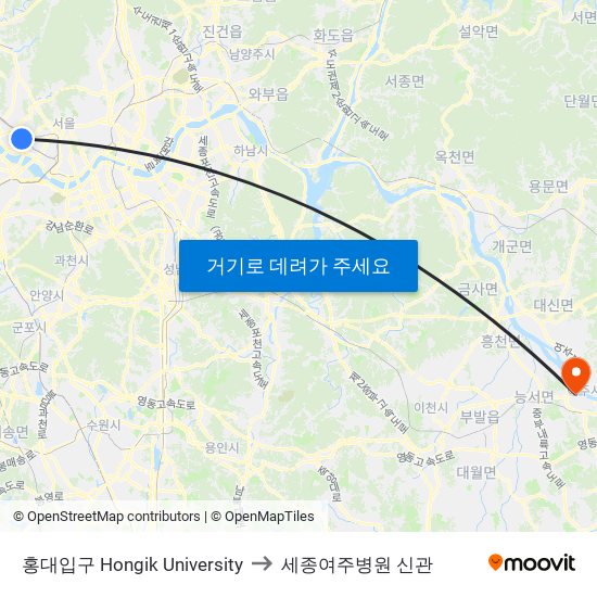 홍대입구 Hongik University to 세종여주병원 신관 map