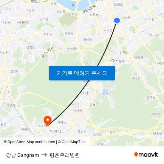 강남 Gangnam to 평촌우리병원 map