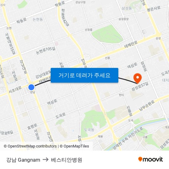 강남 Gangnam to 베스티안병원 map