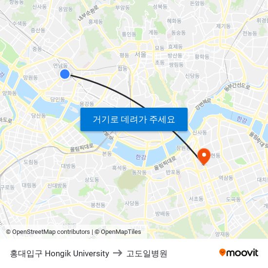 홍대입구 Hongik University to 고도일병원 map