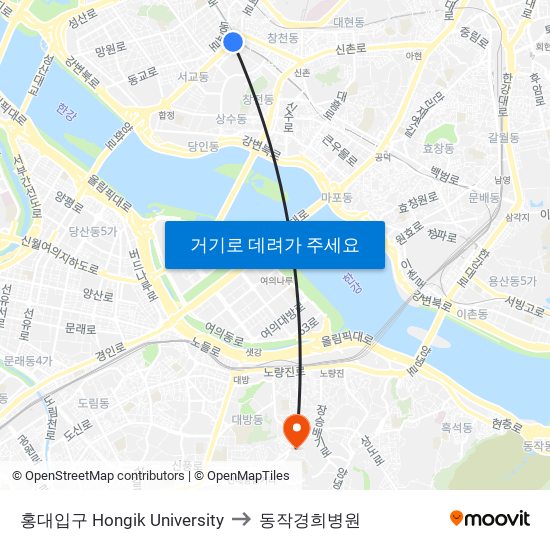 홍대입구 Hongik University to 동작경희병원 map