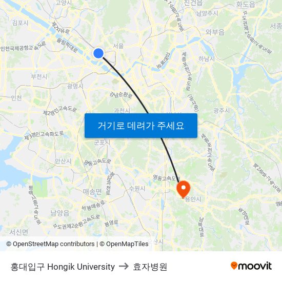홍대입구 Hongik University to 효자병원 map