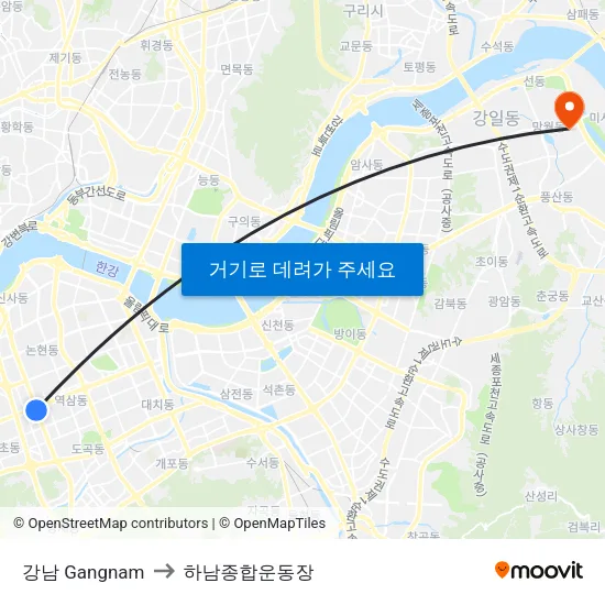 강남 Gangnam to 하남종합운동장 map