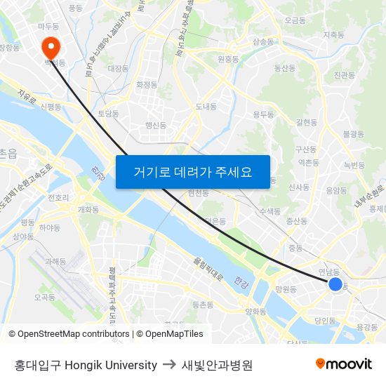 홍대입구 Hongik University to 새빛안과병원 map