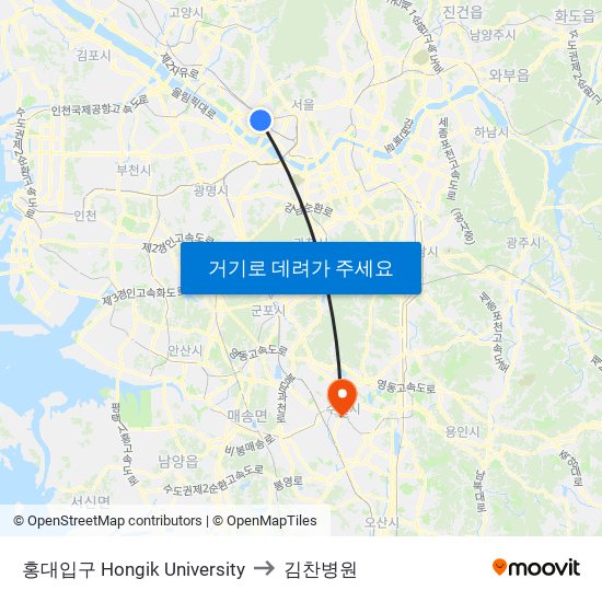 홍대입구 Hongik University to 김찬병원 map