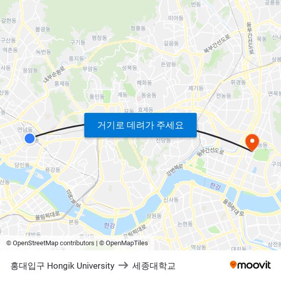 홍대입구 Hongik University to 세종대학교 map