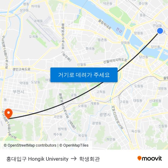 홍대입구 Hongik University to 학생회관 map