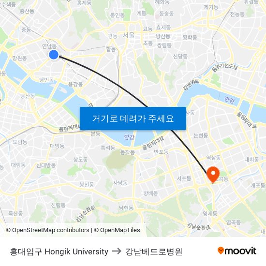 홍대입구 Hongik University to 강남베드로병원 map
