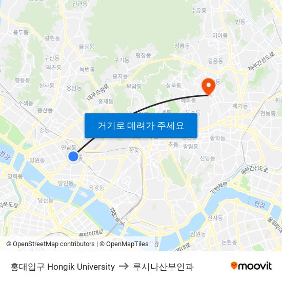 홍대입구 Hongik University to 루시나산부인과 map