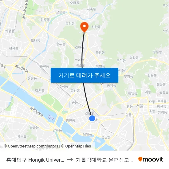 홍대입구 Hongik University to 가톨릭대학교 은평성모병원 map