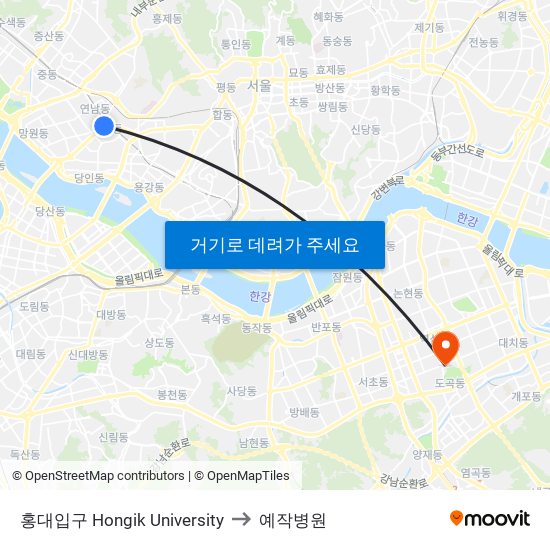 홍대입구 Hongik University to 예작병원 map