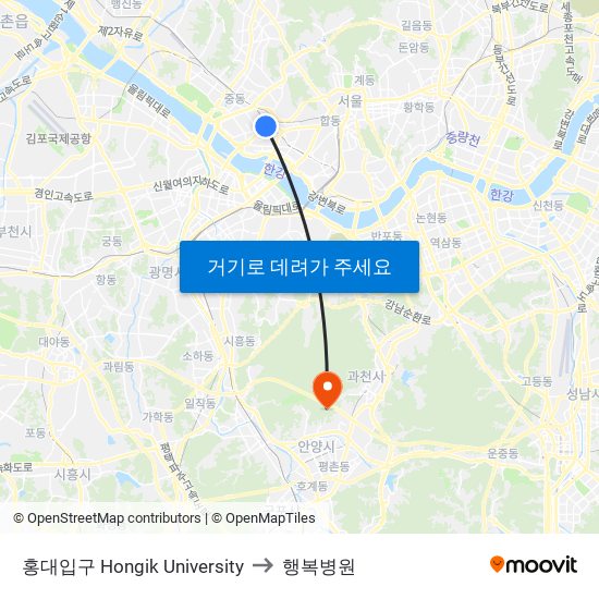 홍대입구 Hongik University to 행복병원 map