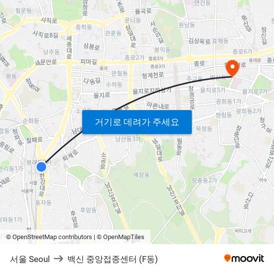 서울 Seoul to 백신 중앙접종센터 (F동) map
