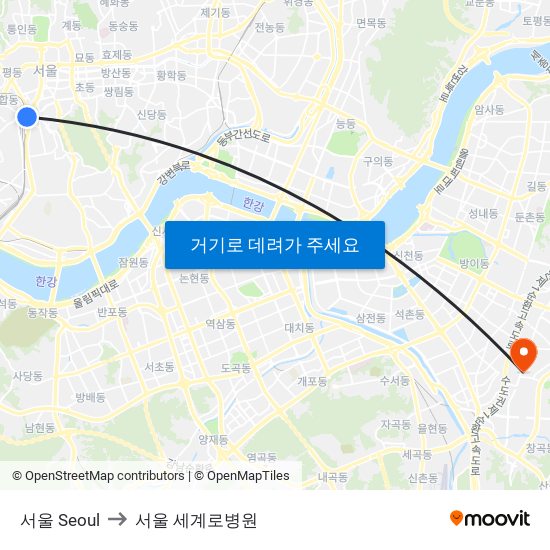 서울 Seoul to 서울 세계로병원 map