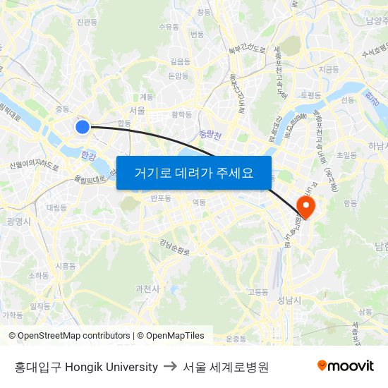 홍대입구 Hongik University to 서울 세계로병원 map