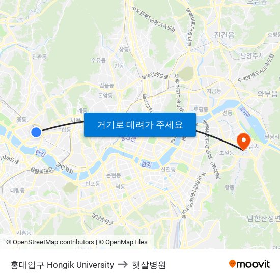 홍대입구 Hongik University to 햇살병원 map