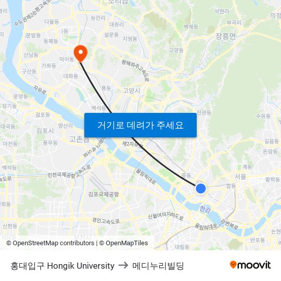 홍대입구 Hongik University to 메디누리빌딩 map