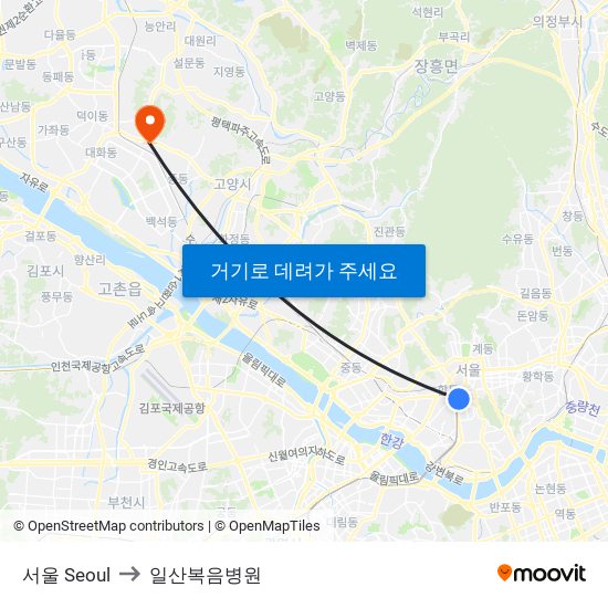 서울 Seoul to 일산복음병원 map