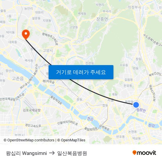 왕십리 Wangsimni to 일산복음병원 map