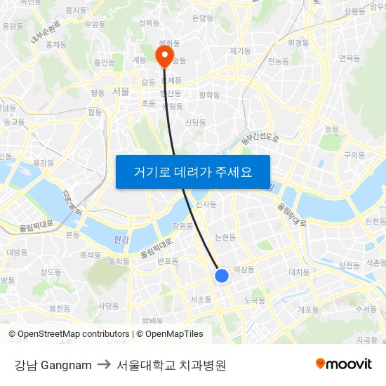 강남 Gangnam to 서울대학교 치과병원 map