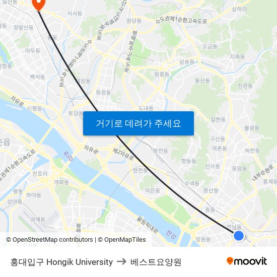 홍대입구 Hongik University to 베스트요양원 map