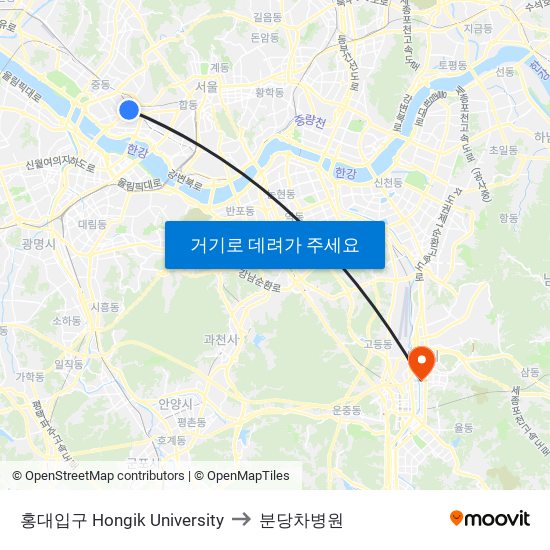 홍대입구 Hongik University to 분당차병원 map