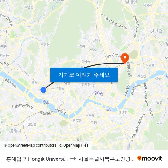 홍대입구 Hongik University to 서울특별시북부노인병원 map