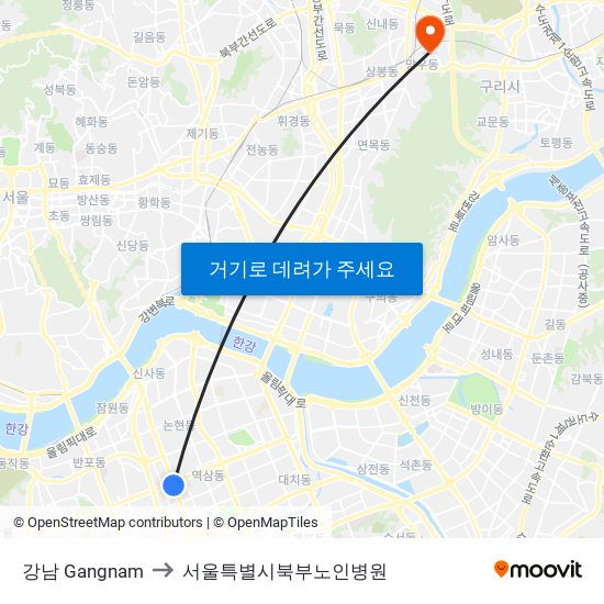 강남 Gangnam to 서울특별시북부노인병원 map