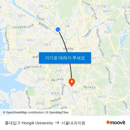 홍대입구 Hongik University to 서울내과의원 map