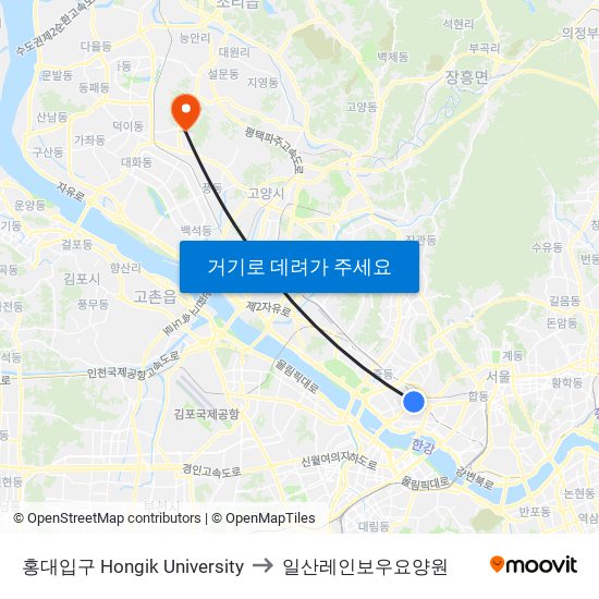 홍대입구 Hongik University to 일산레인보우요양원 map