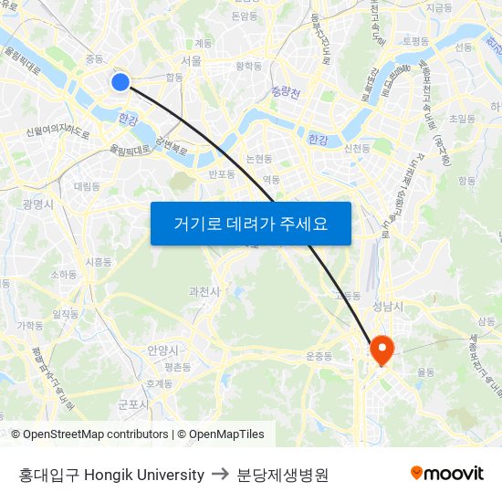 홍대입구 Hongik University to 분당제생병원 map