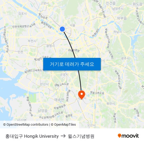 홍대입구 Hongik University to 윌스기념병원 map