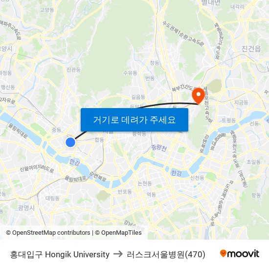 홍대입구 Hongik University to 러스크서울병원(470) map