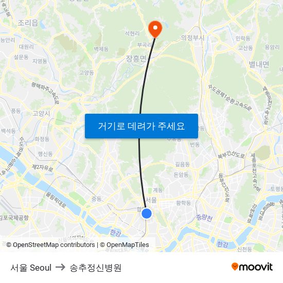 서울 Seoul to 송추정신병원 map