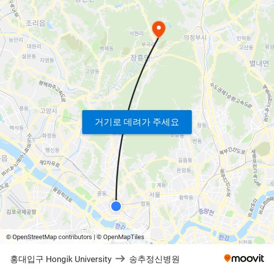 홍대입구 Hongik University to 송추정신병원 map