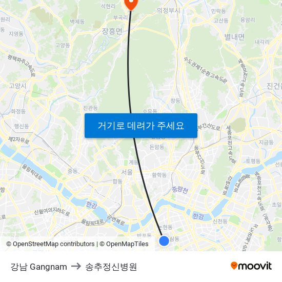 강남 Gangnam to 송추정신병원 map