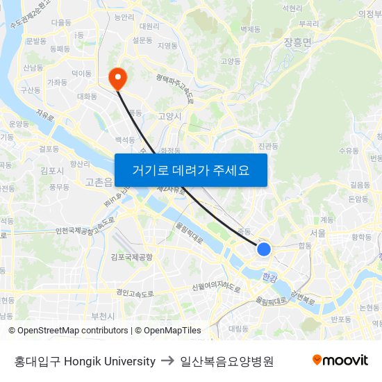 홍대입구 Hongik University to 일산복음요양병원 map