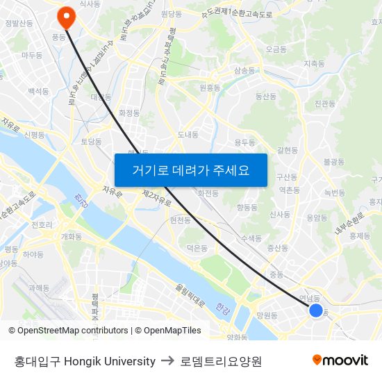 홍대입구 Hongik University to 로뎀트리요양원 map