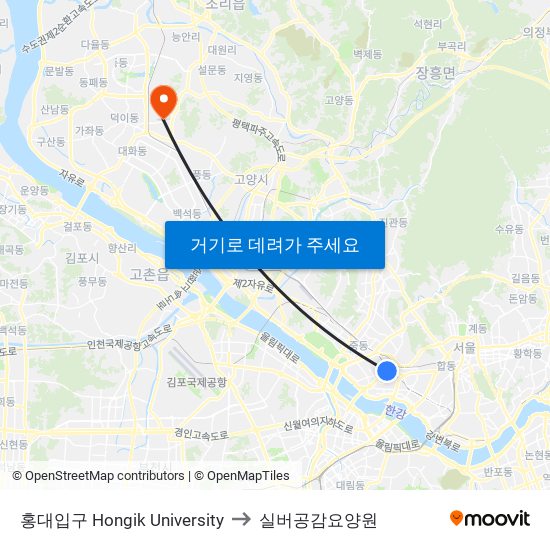 홍대입구 Hongik University to 실버공감요양원 map