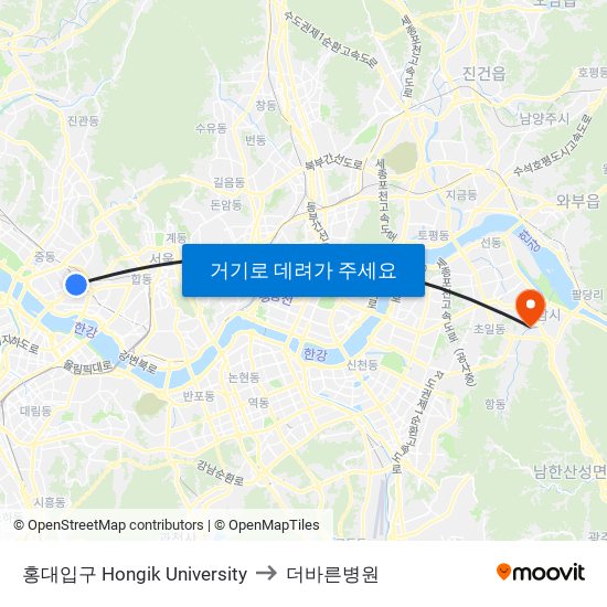 홍대입구 Hongik University to 더바른병원 map