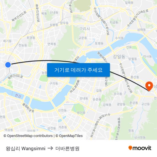 왕십리 Wangsimni to 더바른병원 map