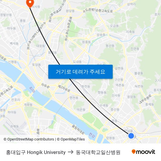 홍대입구 Hongik University to 동국대학교일산병원 map