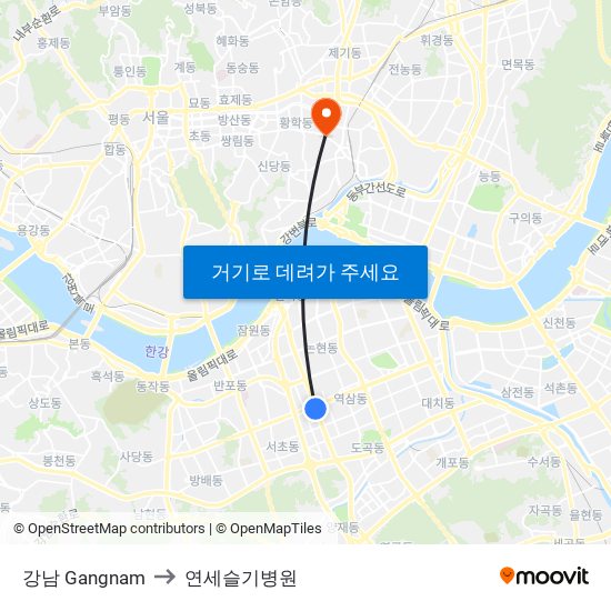 강남 Gangnam to 연세슬기병원 map