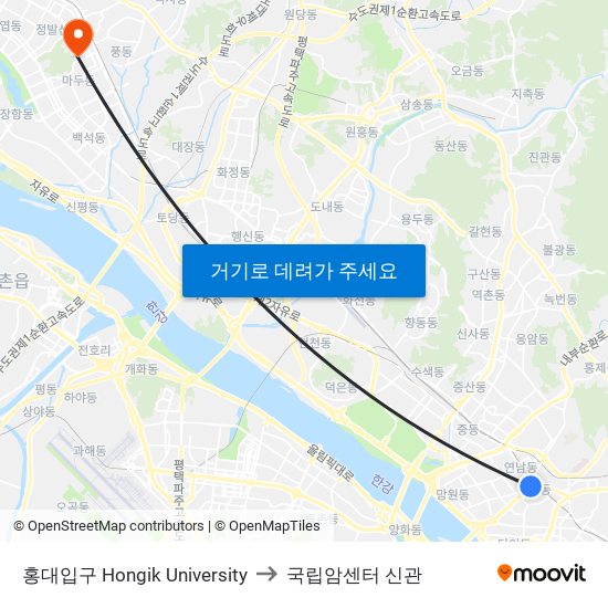 홍대입구 Hongik University to 국립암센터 신관 map