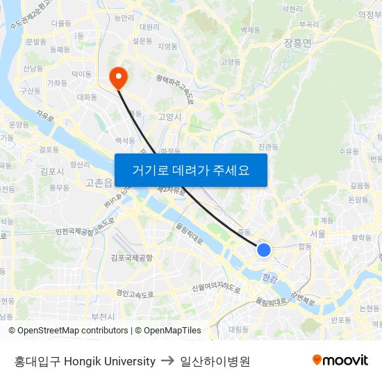 홍대입구 Hongik University to 일산하이병원 map
