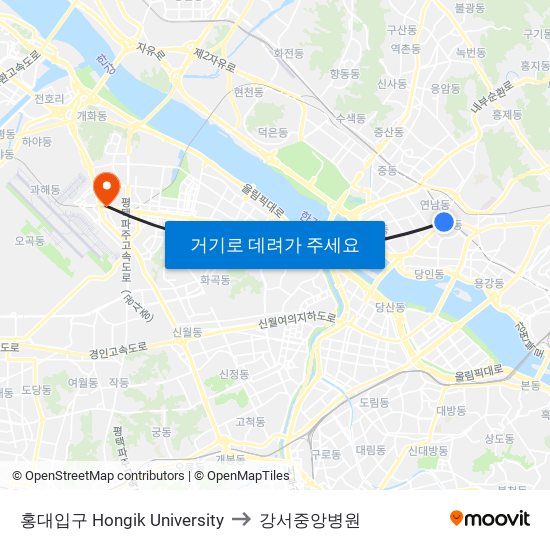 홍대입구 Hongik University to 강서중앙병원 map