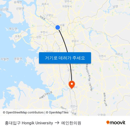 홍대입구 Hongik University to 예인한의원 map