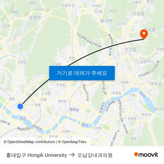 홍대입구 Hongik University to 오남강내과의원 map