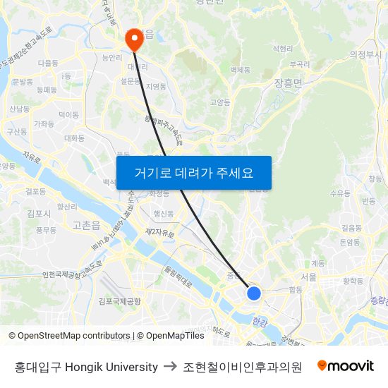 홍대입구 Hongik University to 조현철이비인후과의원 map