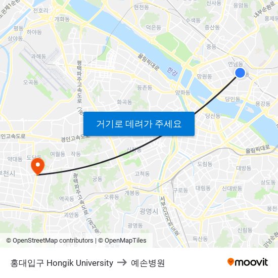 홍대입구 Hongik University to 예손병원 map